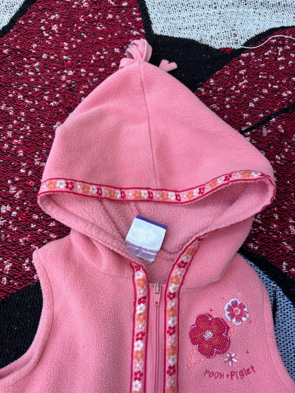 VTG DISNEY PEACH PINK POOH PIGLET FLEECE ZIP UP HOODED VEST SIZE 9 MONTHS